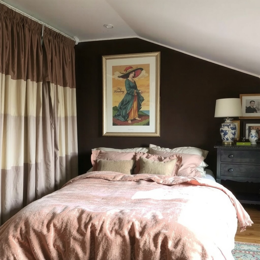 A moody bedroom with a velvet duvet cover and linen curtains