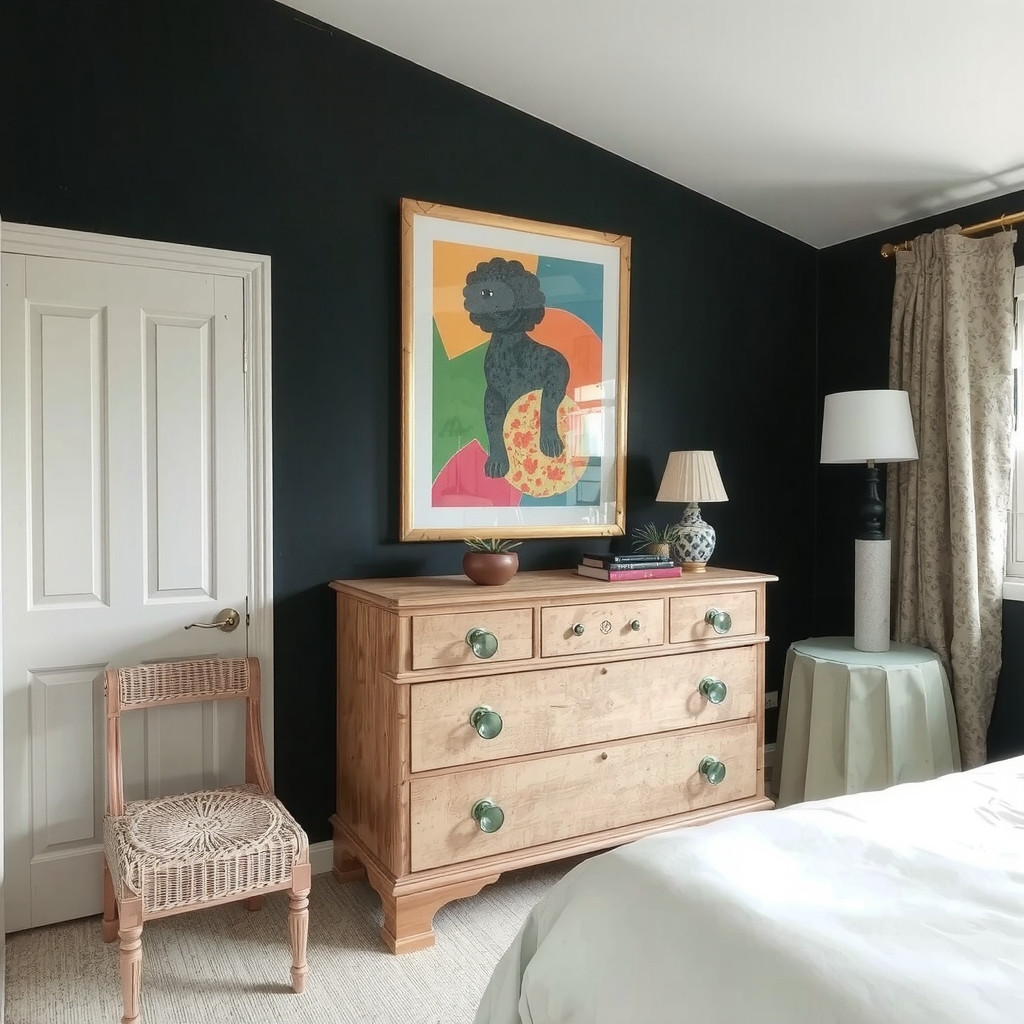 A moody bedroom with a vintage dresser and a colorful piece of artwork