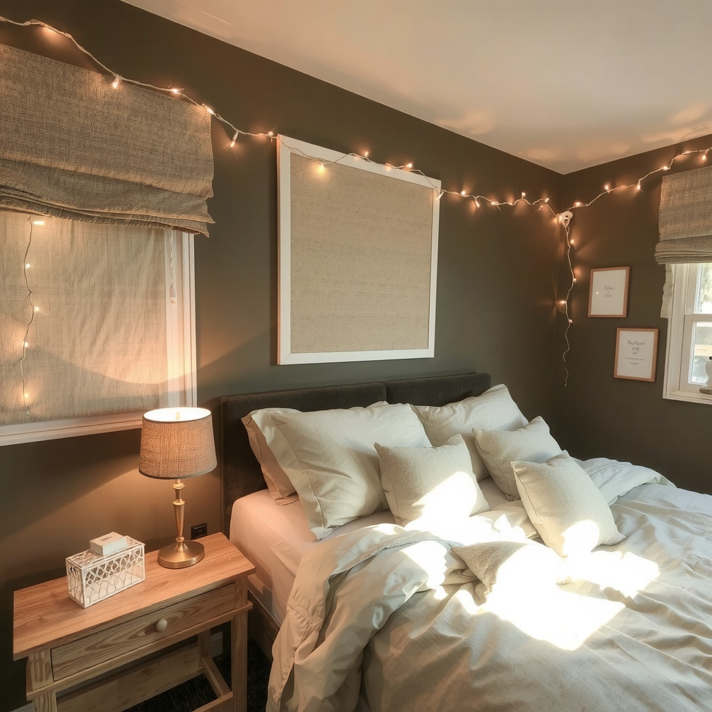 A moody bedroom with table lamps and string lights