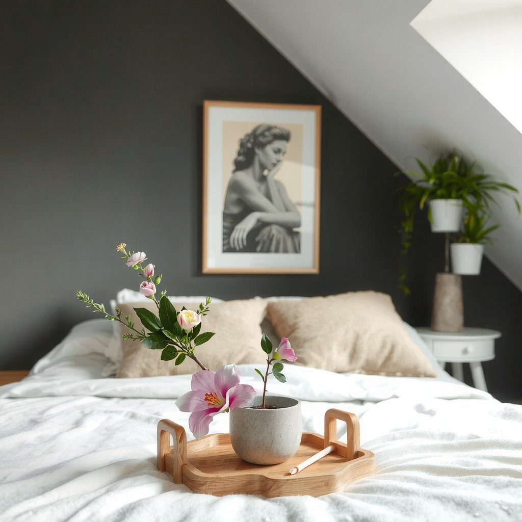 A moody bedroom with a small potted plant and fresh flowers