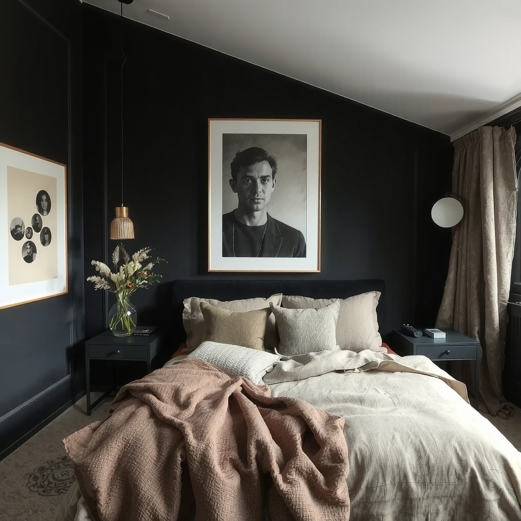 A moody bedroom with a dark color palette and rich fabrics