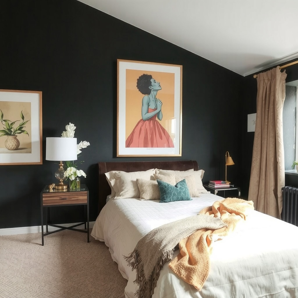A moody bedroom with a statement piece of furniture and artwork
