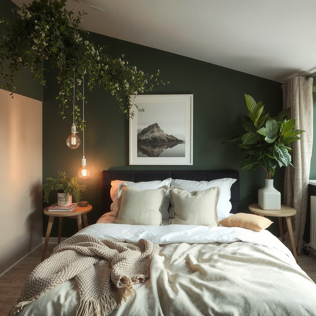A moody bedroom with soft, warm lighting and greenery