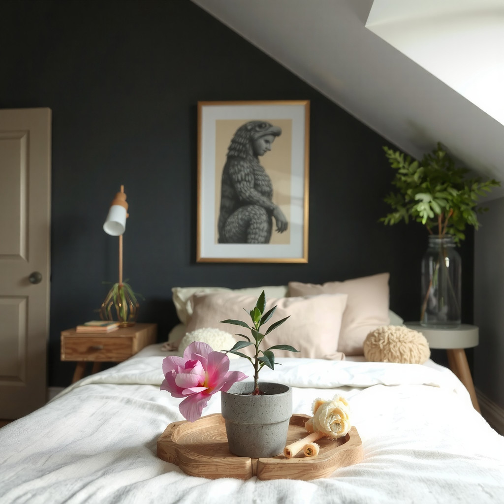 A moody bedroom with a small potted plant and fresh flowers