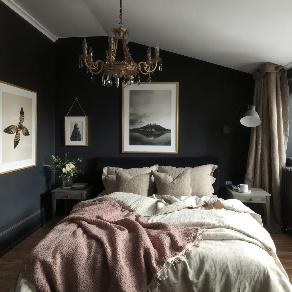 A moody bedroom with a cozy and intimate atmosphere