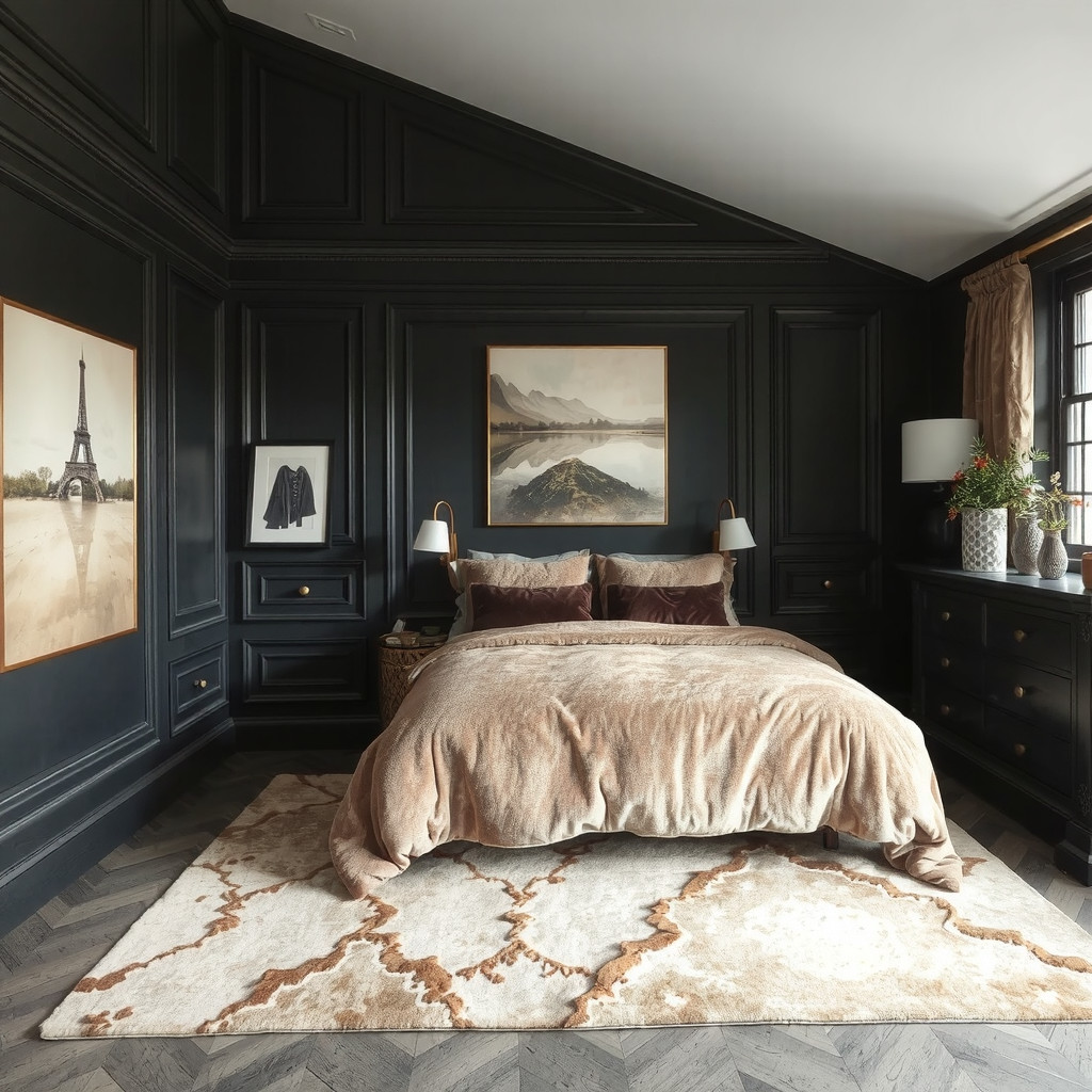 Dark wood furniture with plush velvet bedding