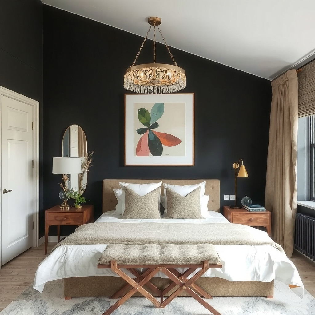 Statement piece of art above a bed with a show-stopping light fixture