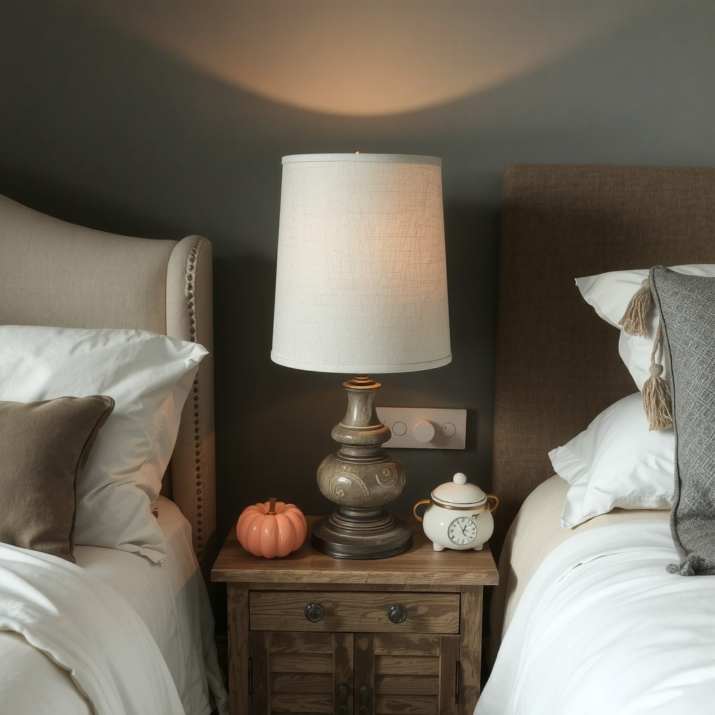 Table lamp with a soft shade on a bedside table