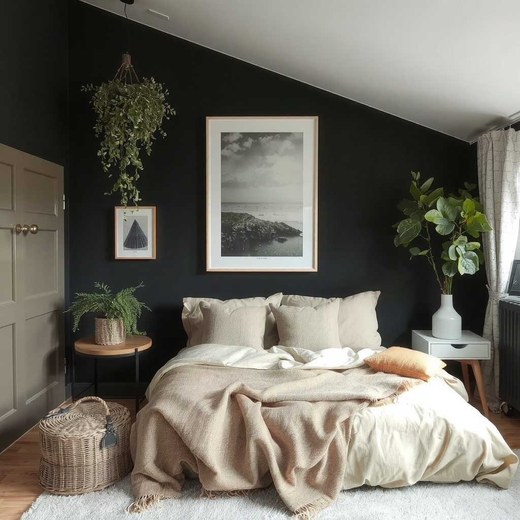 Moody bedroom with a combination of light and dark colors, textures, and greenery