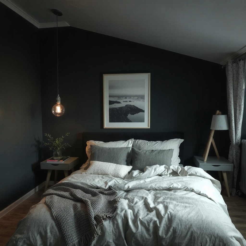 Moody bedroom at night with soft lighting and a cozy atmosphere