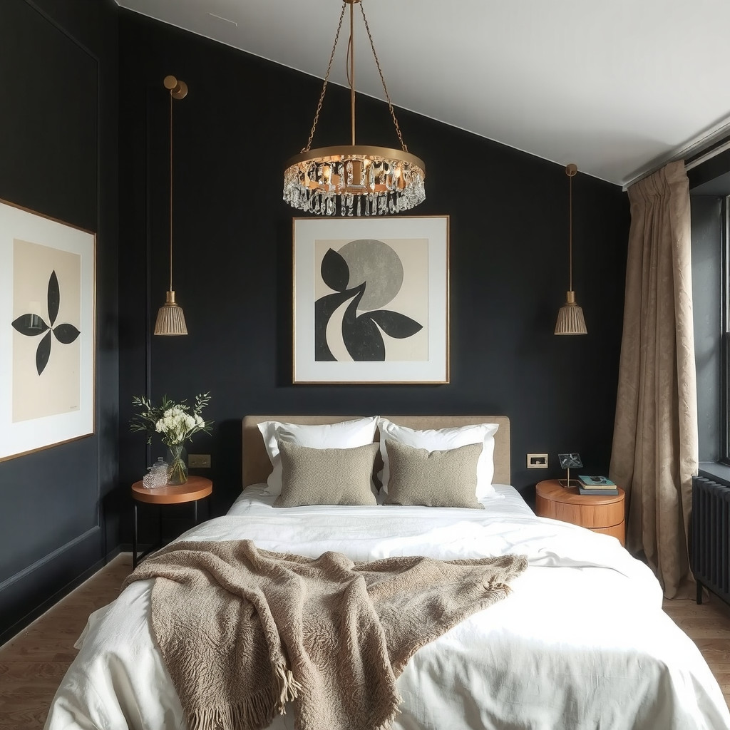 Moody bedroom with a statement piece of art and a show-stopping light fixture