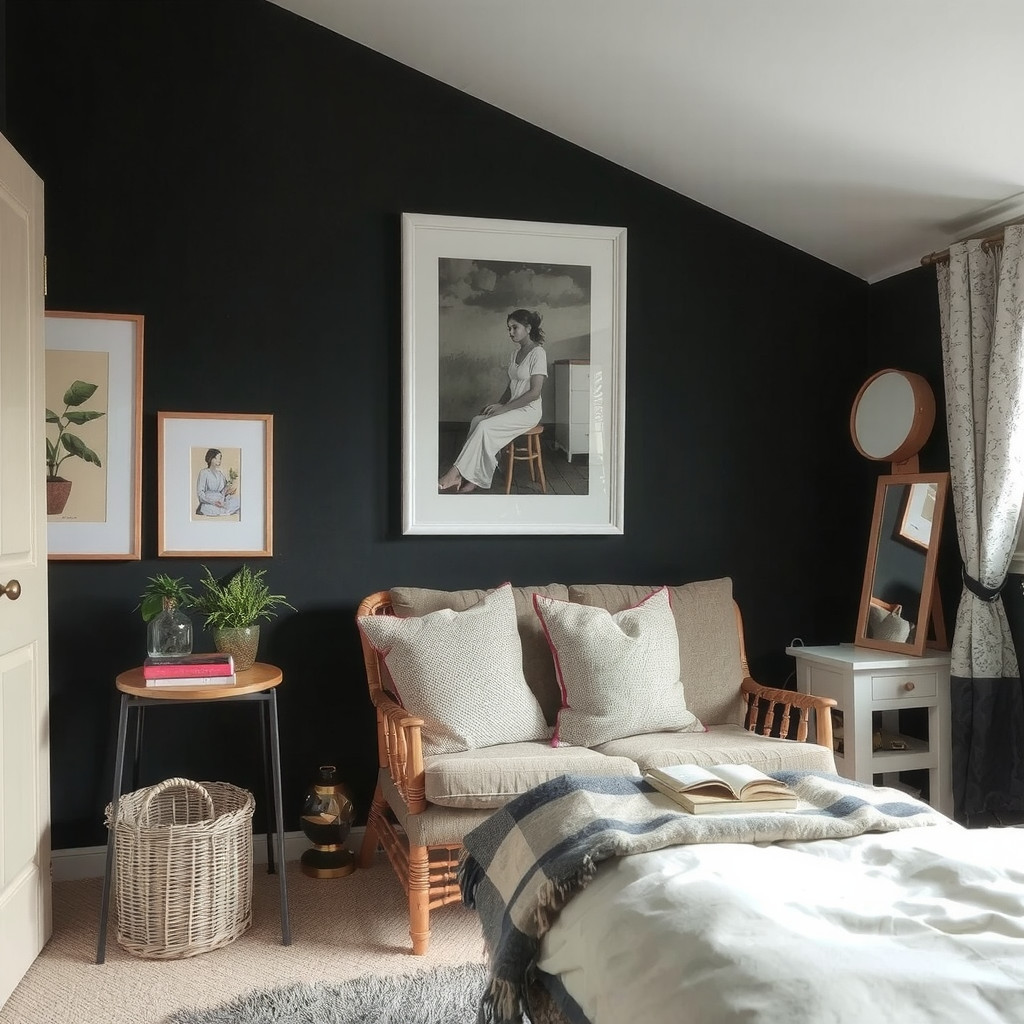 Moody bedroom with a cozy reading nook and a comfortable chair