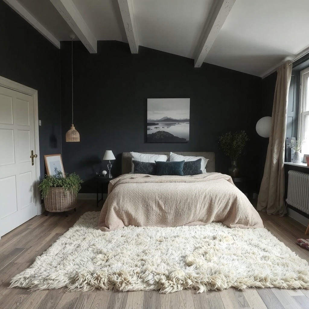 Moody bedroom with a plush area rug and a cozy atmosphere