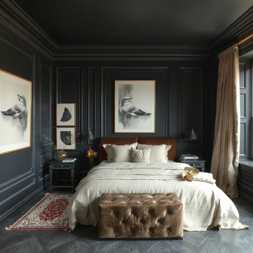 A bedroom with dark-colored walls, floors, and furniture, and luxurious fabrics such as velvet and linen