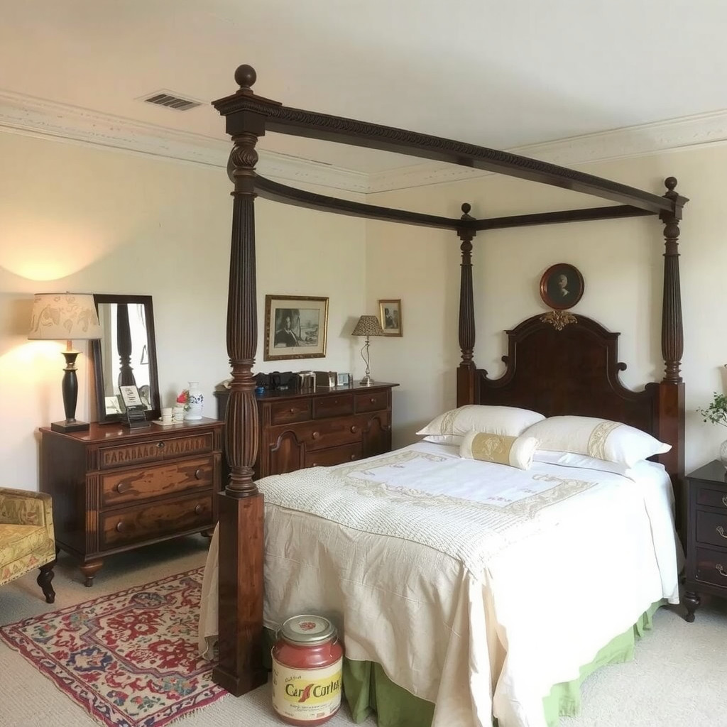 A bedroom with a four-poster bed and a vintage dresser, and a floor lamp casting a warm glow
