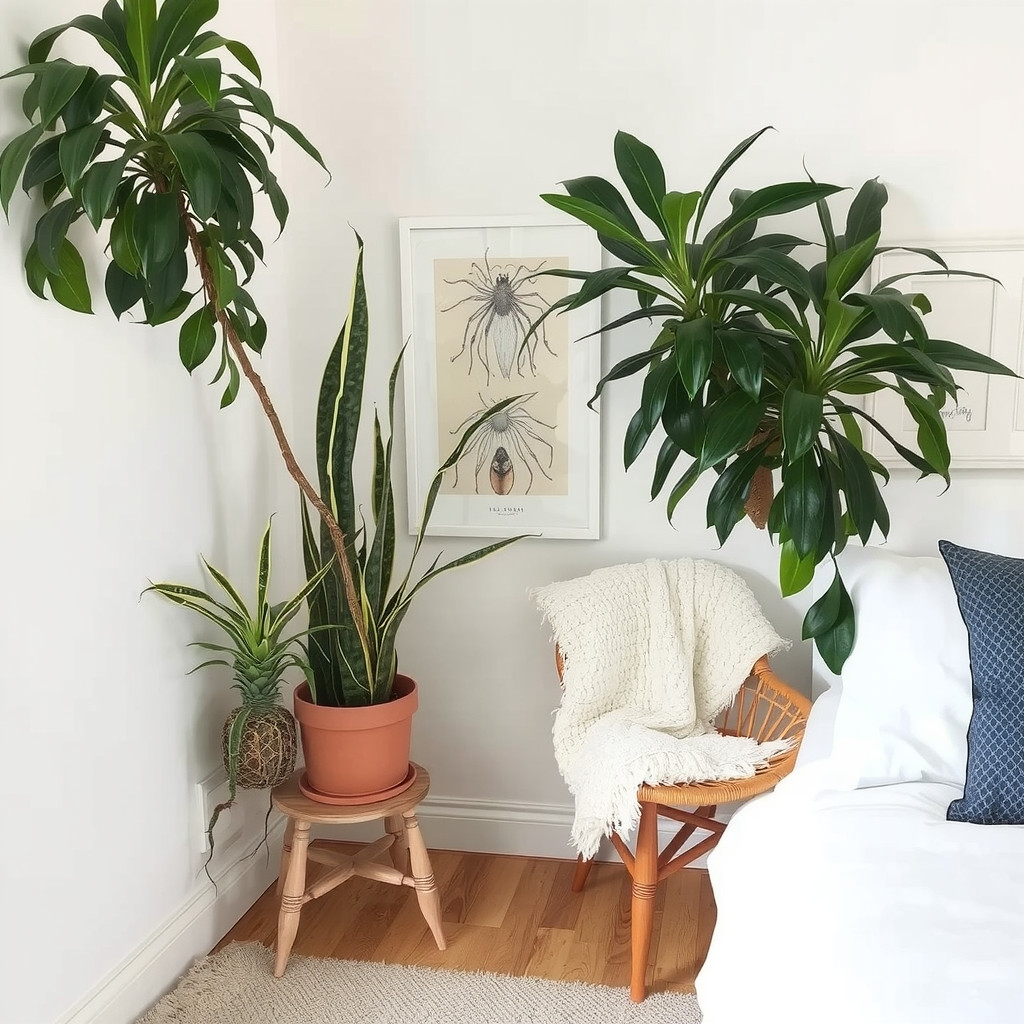 A bedroom with a snake plant and a spider plant, and a comfortable reading chair