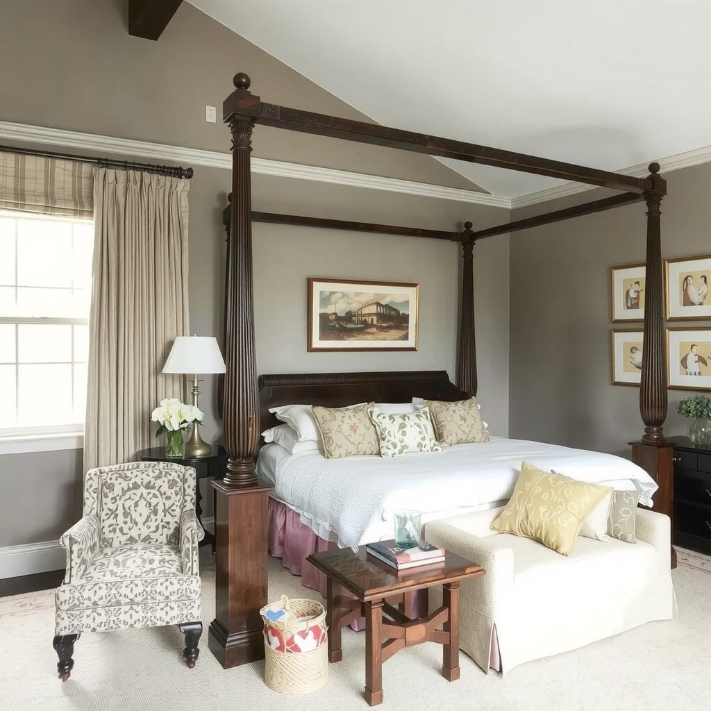 A bedroom with a statement piece of furniture, such as a four-poster bed, and a comfortable reading chair