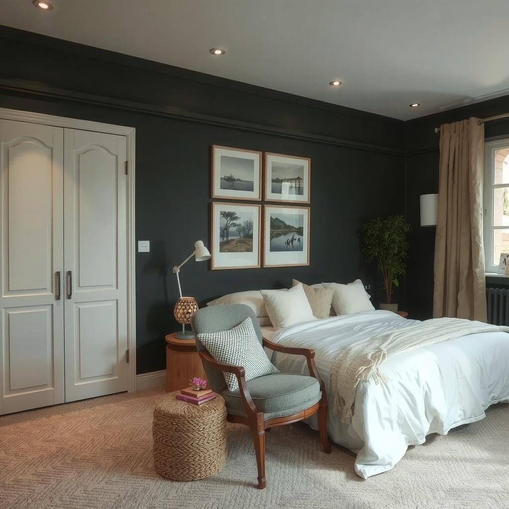 A bedroom with dim lighting, and a comfortable reading chair