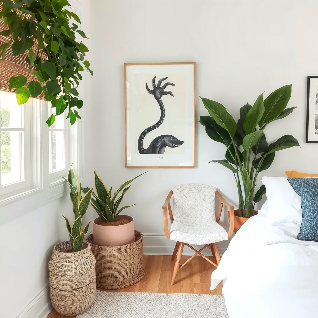 A bedroom with greenery, such as a snake plant, and a comfortable reading chair