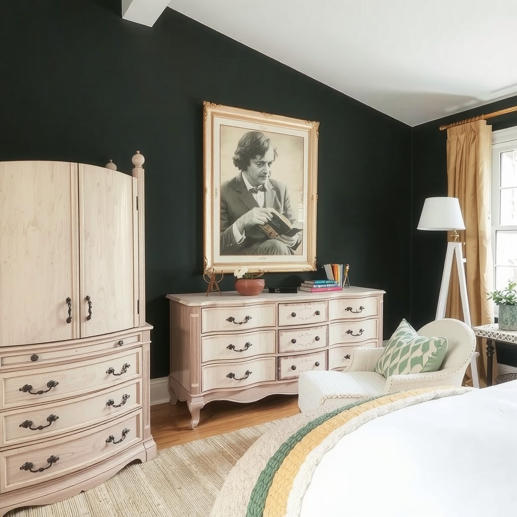 A bedroom with a statement piece of furniture, such as a vintage dresser, and a comfortable reading chair
