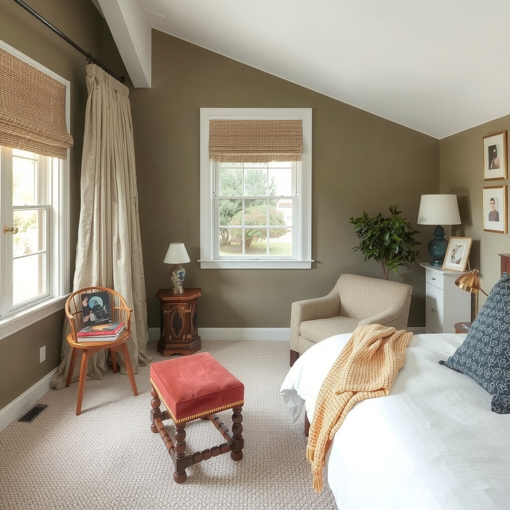 A bedroom with a cozy reading nook, and a comfortable reading chair