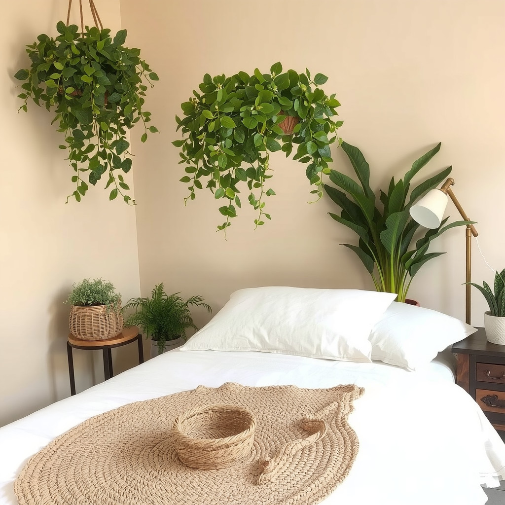Hanging plant above bed