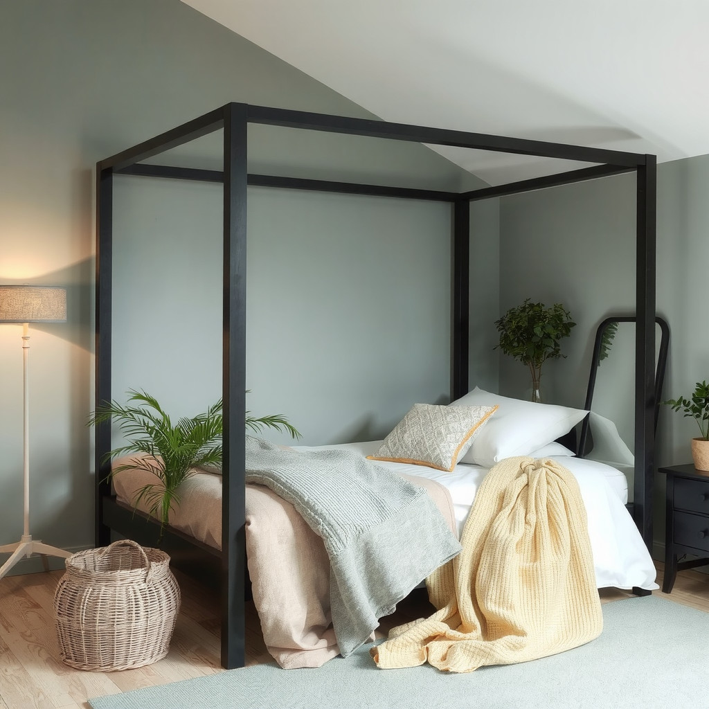 Four-poster bed with plants