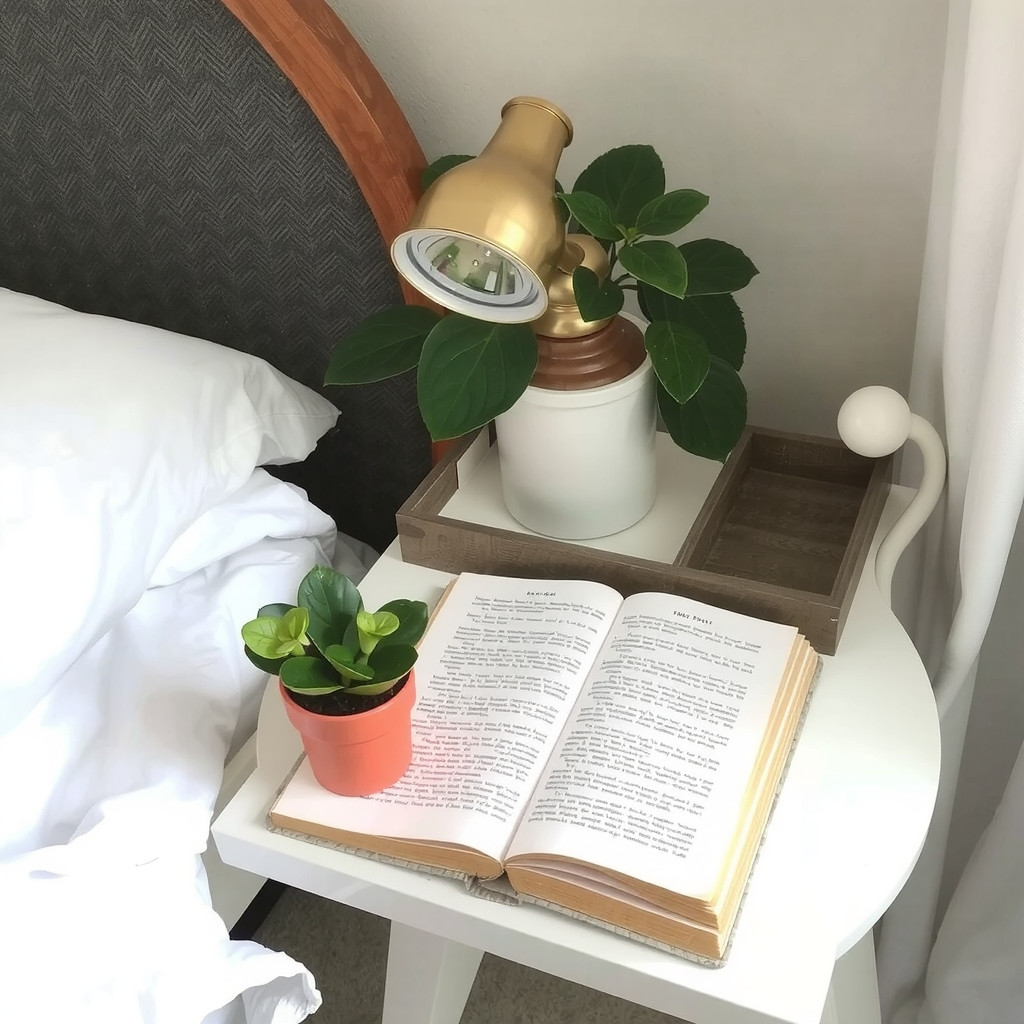 Bedside table with a small potted plant