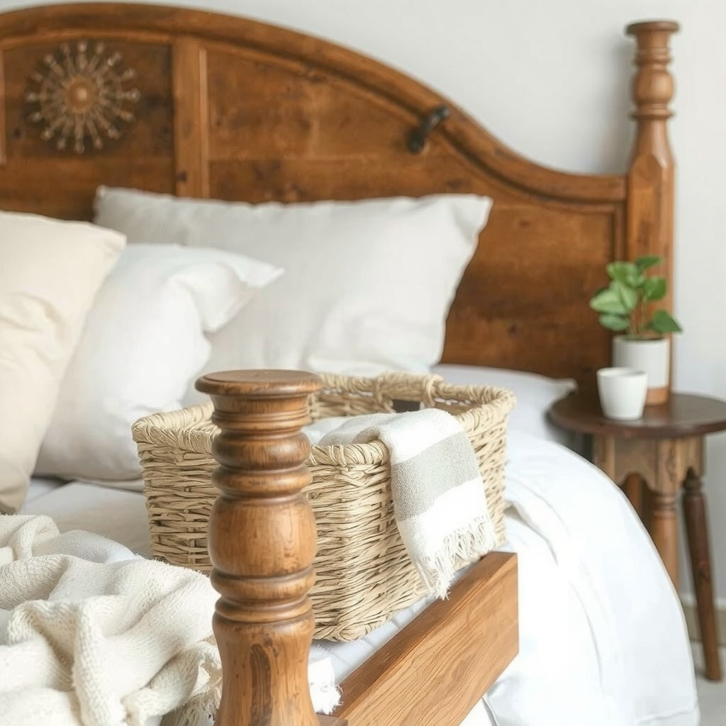 Wooden bed frame with linen bedding