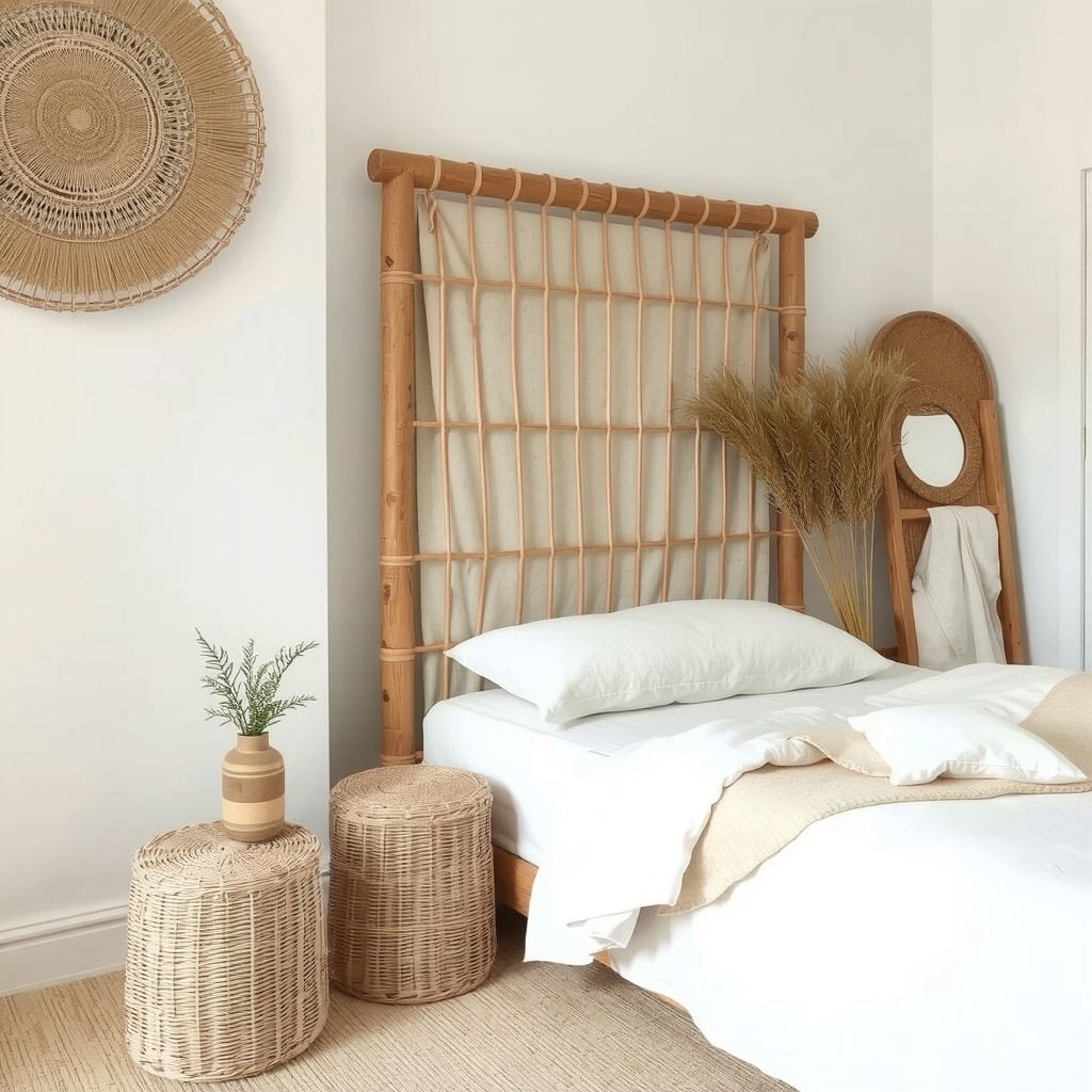 Bamboo bed with linen bedding