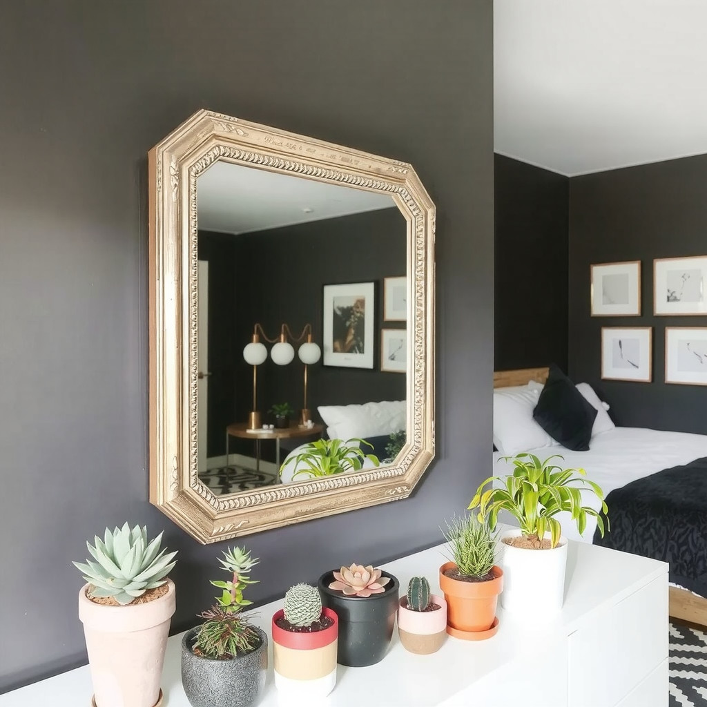 Plants around a statement mirror