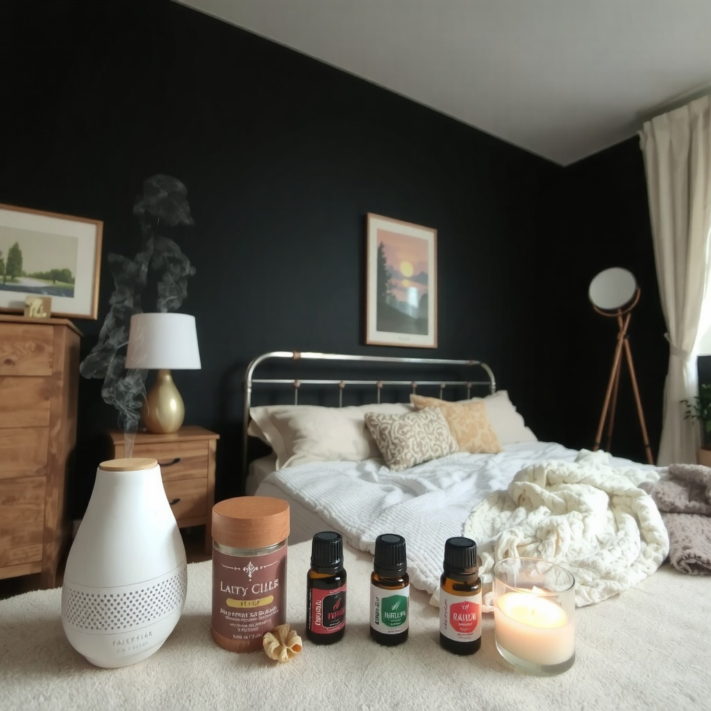 Dark bedroom with aromatherapy