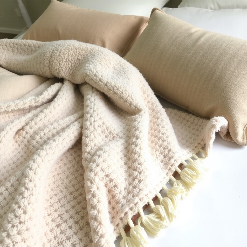 A close-up of a plush throw blanket, a few pillows, and a comfortable mattress