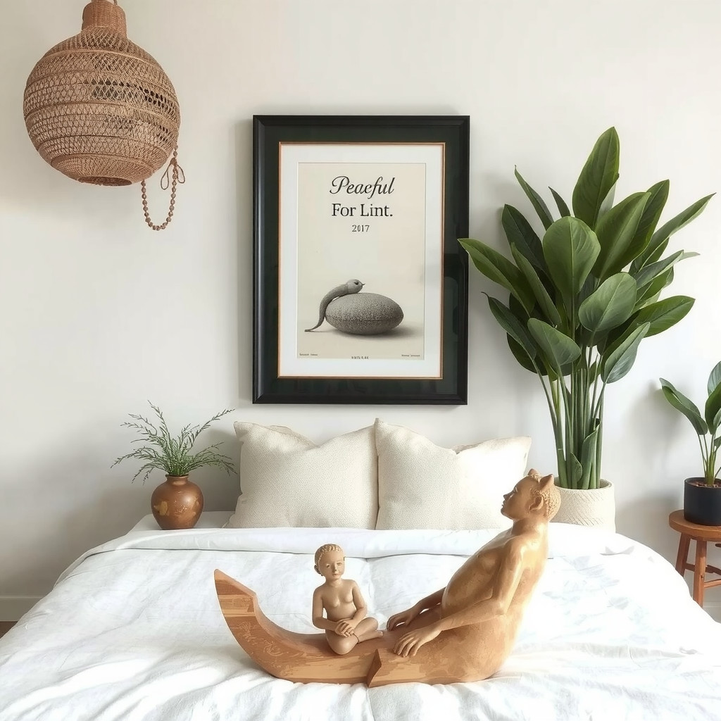 A peaceful piece of art, a calming sculpture, and a few calming plants in a bedroom