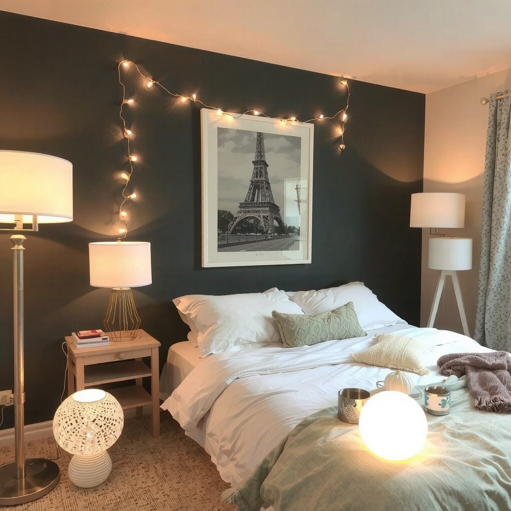 A bedroom with table lamps, floor lamps, and string lights