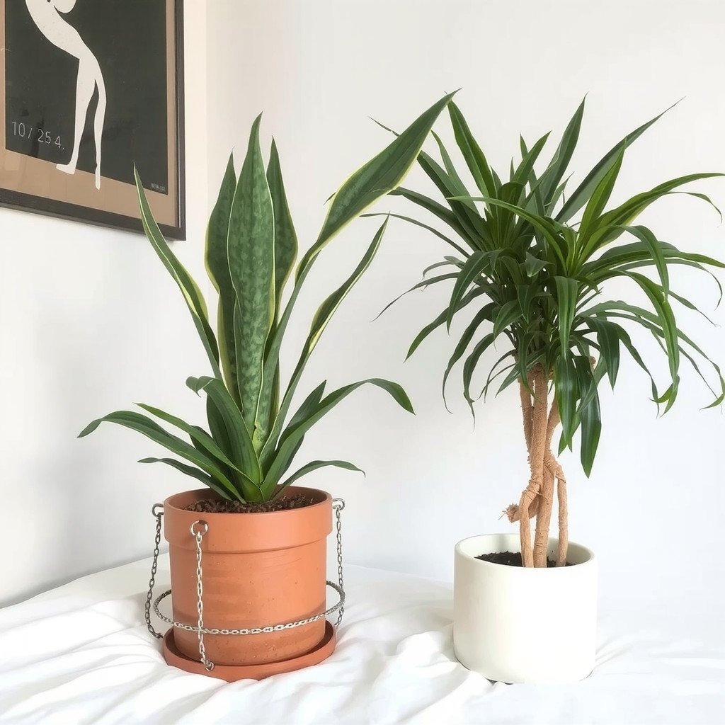A few low-maintenance plants in a bedroom, including a snake plant and a spider plant
