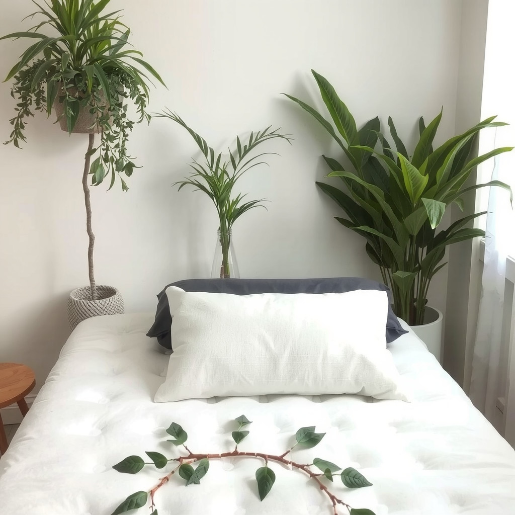 A bedroom with a comfortable mattress, a supportive pillow, and a few calming plants