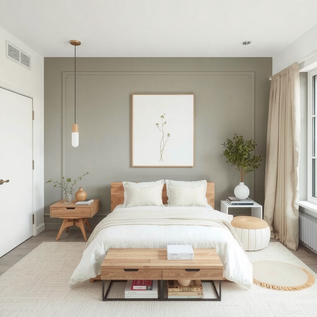 A bedroom with a minimalist approach, a few carefully placed pieces of furniture, and a peaceful piece of art