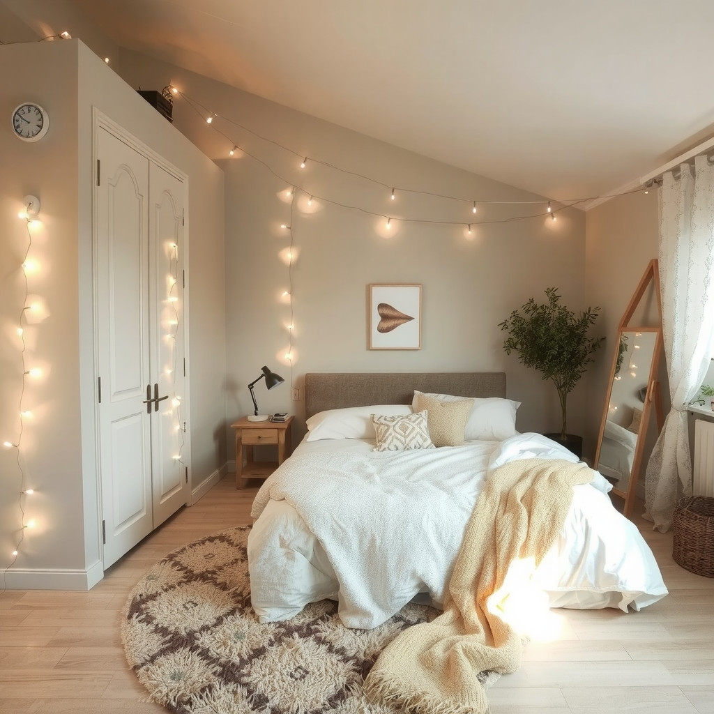 A bedroom with soft lighting, a few string lights, and a cozy area rug