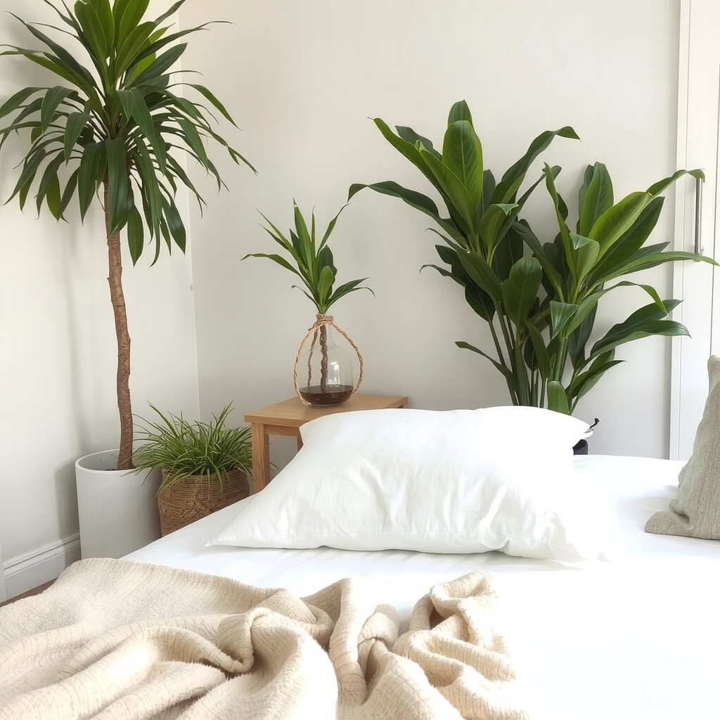 A bedroom with a few low-maintenance plants, a comfortable mattress, and a supportive pillow