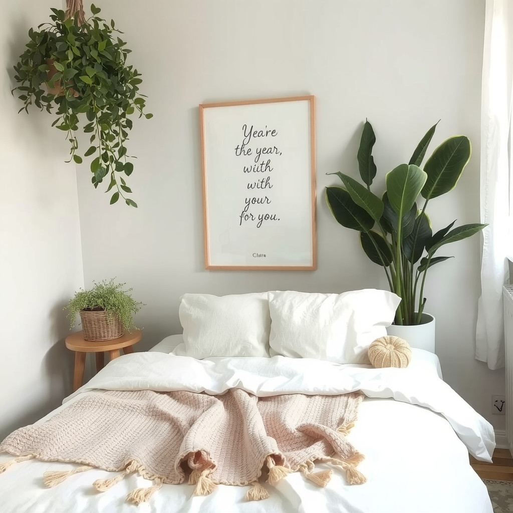 A bedroom with a peaceful ambiance, a few calming plants, and a cozy throw blanket