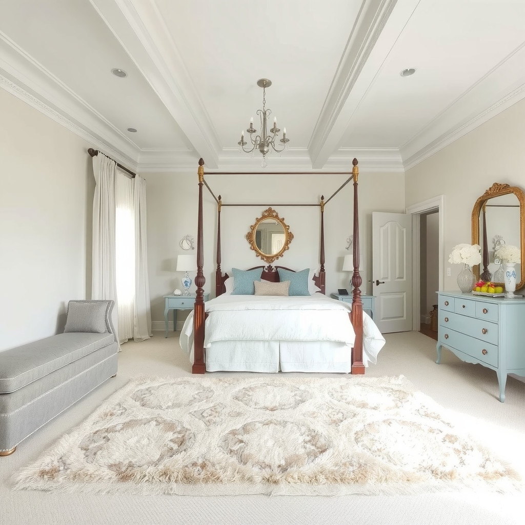 A spacious bedroom with a four-poster bed, a plush area rug, and a dresser with a beautiful, ornate mirror