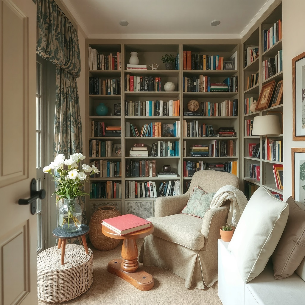A charming reading nook with a comfortable, oversized armchair, a side table with a vase of fresh flowers, and a floor-to-ceiling bookshelf