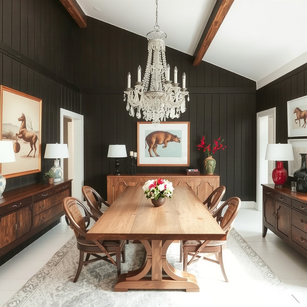 A beautiful, modern dining room with a stunning chandelier, a wooden dining table, and a vintage sideboard