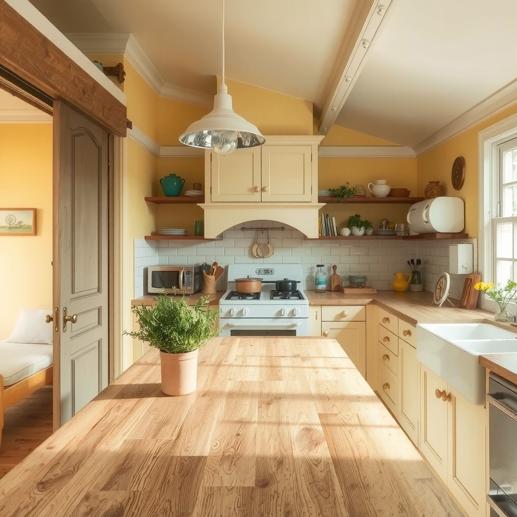 A cozy, inviting kitchen with a large, wooden island, a pendant light above the sink, and a vase of fresh herbs on the windowsill