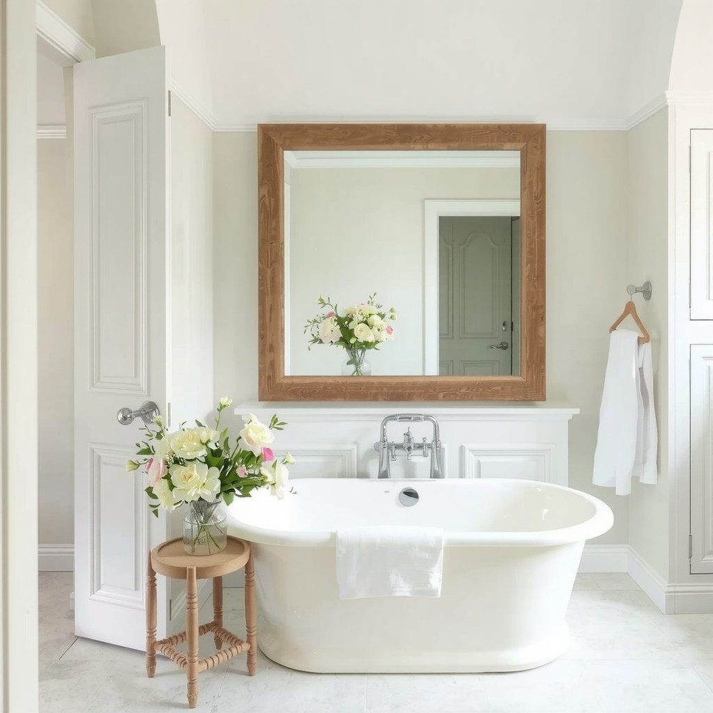A peaceful, serene bathroom with a freestanding tub, a large, wooden mirror, and a vase of fresh flowers on the edge of the tub