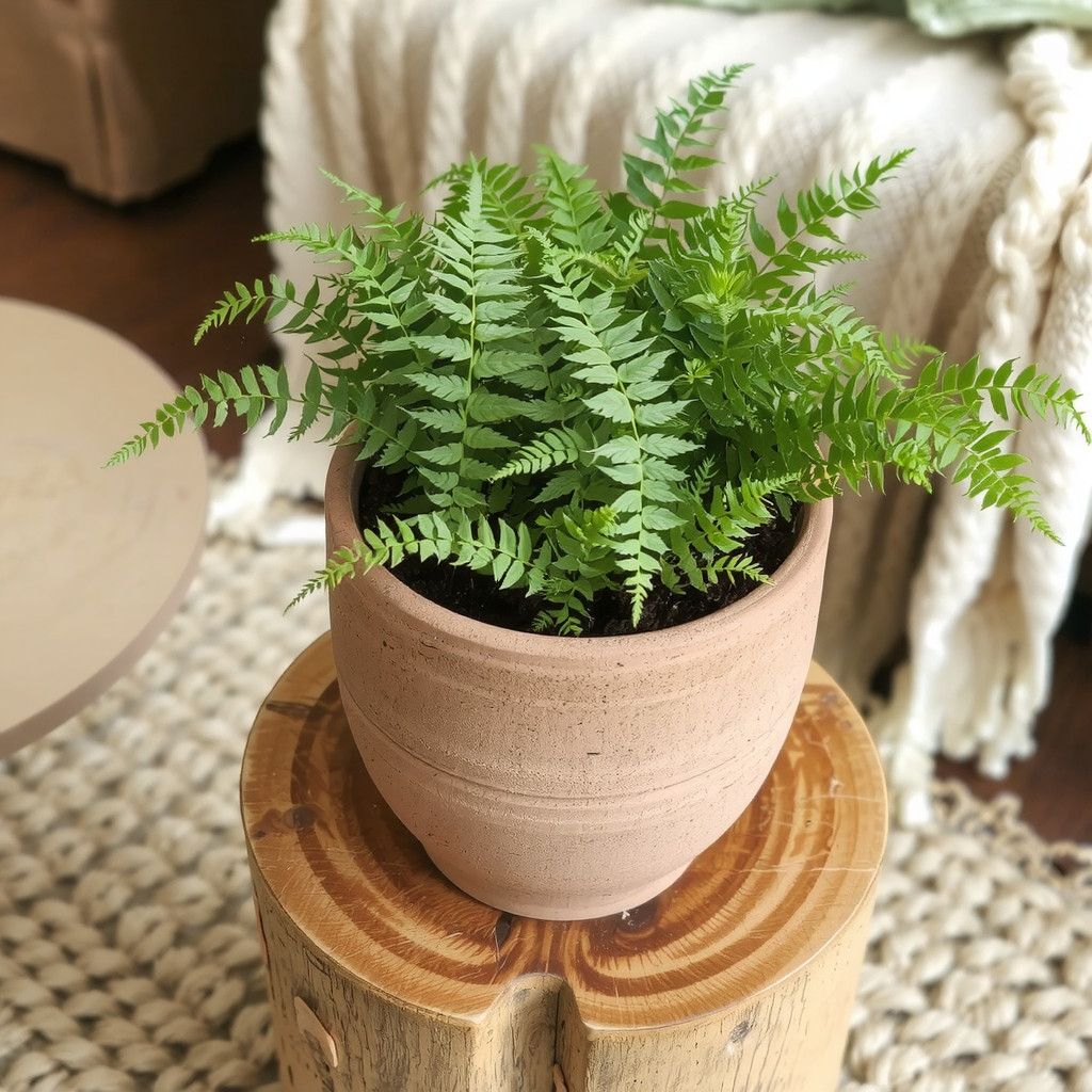 Close-up of a textured clay pot on a wooden stool with a jute rug background