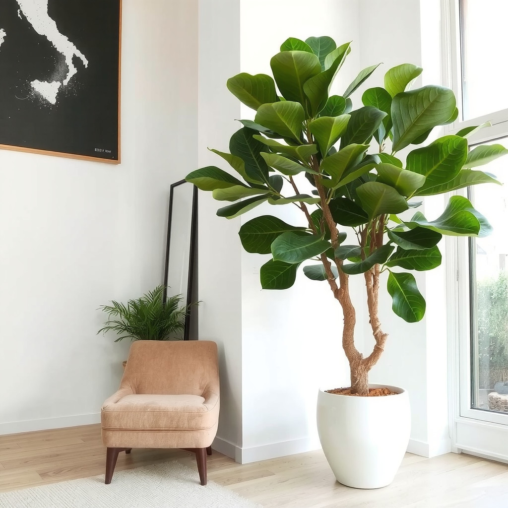 A majestic Fiddle Leaf Fig tree in a white fluted planter next to a velvet armchair