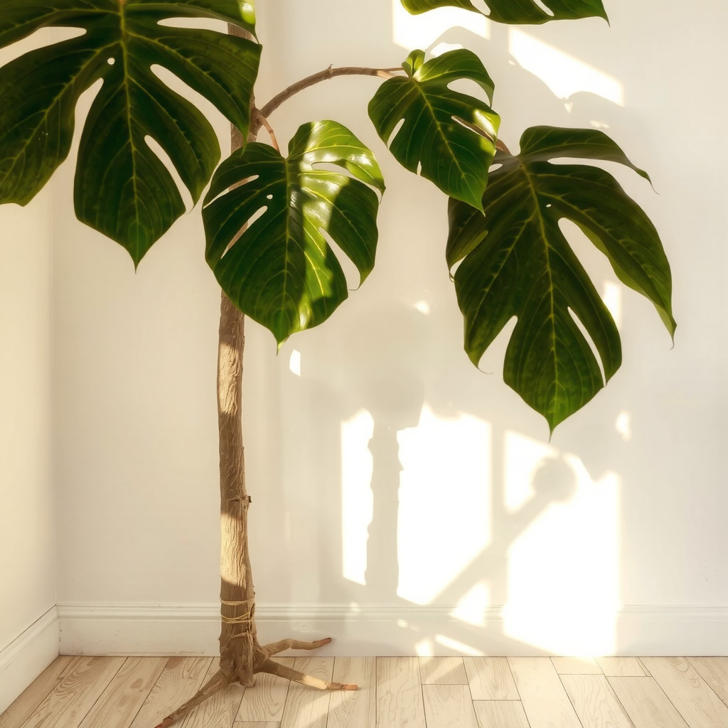 Sunlight streaming through monstera leaves casting artistic shadows on a white wall