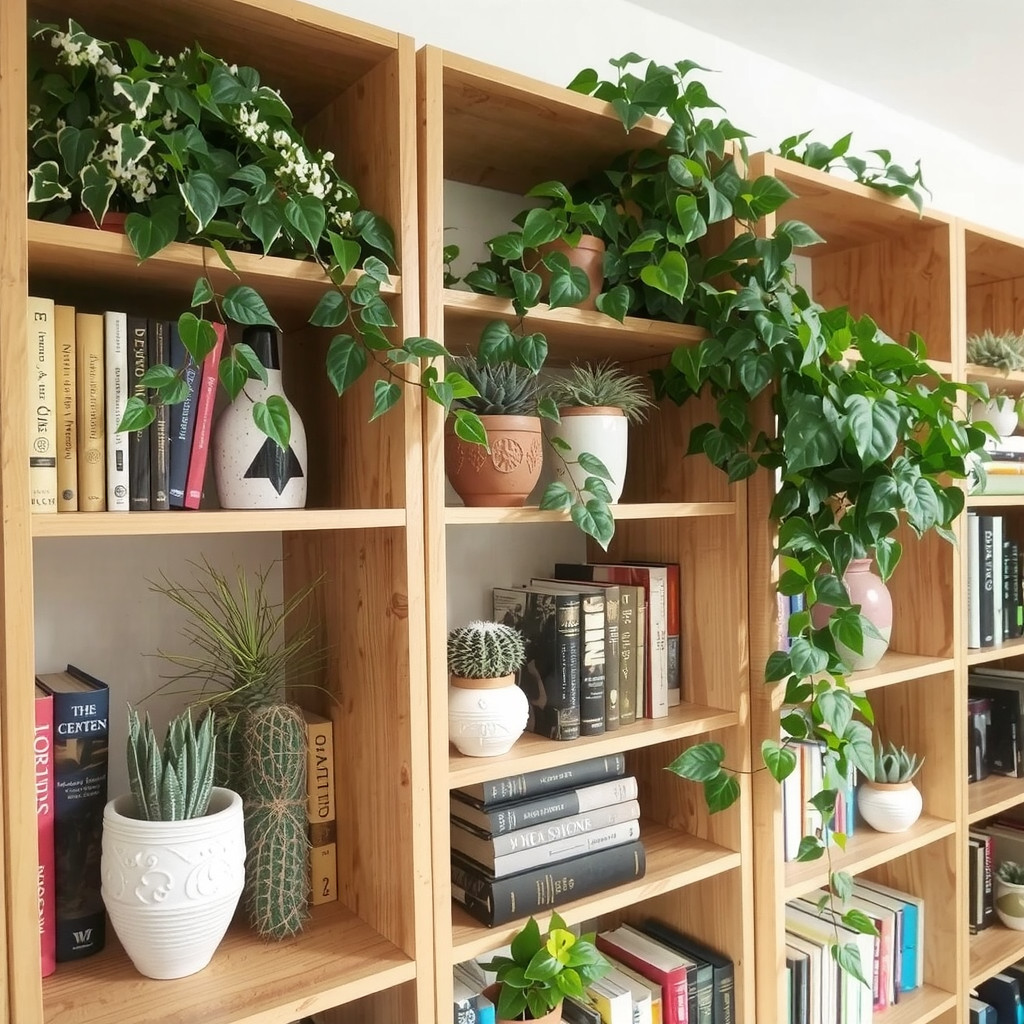 Open wooden shelving unit filled with trailing ivy and variegated plants